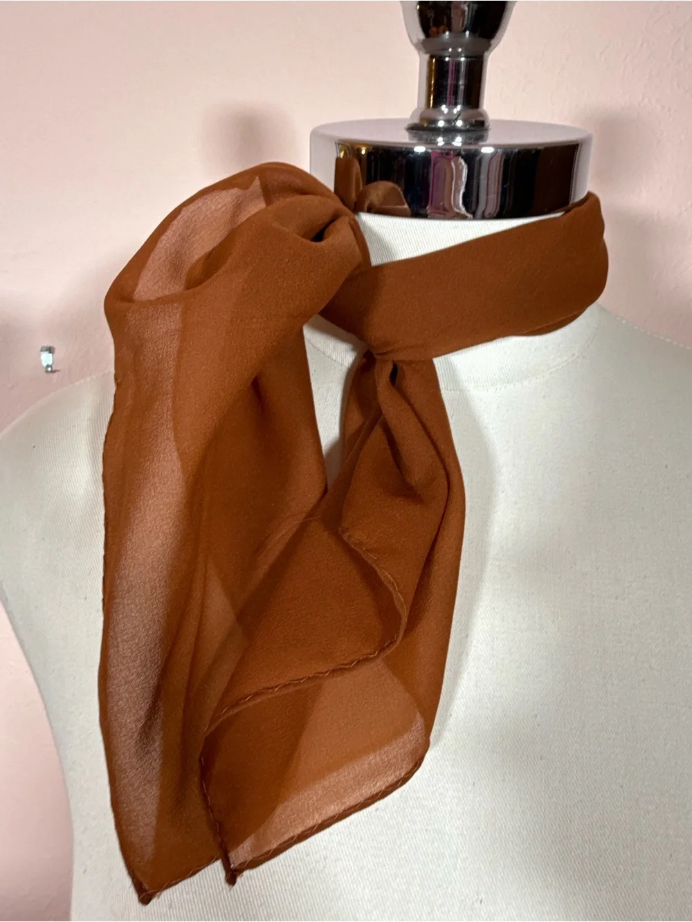 Vintage minimalist semi sheer rust brown rolled edge square scarf cravat EUC